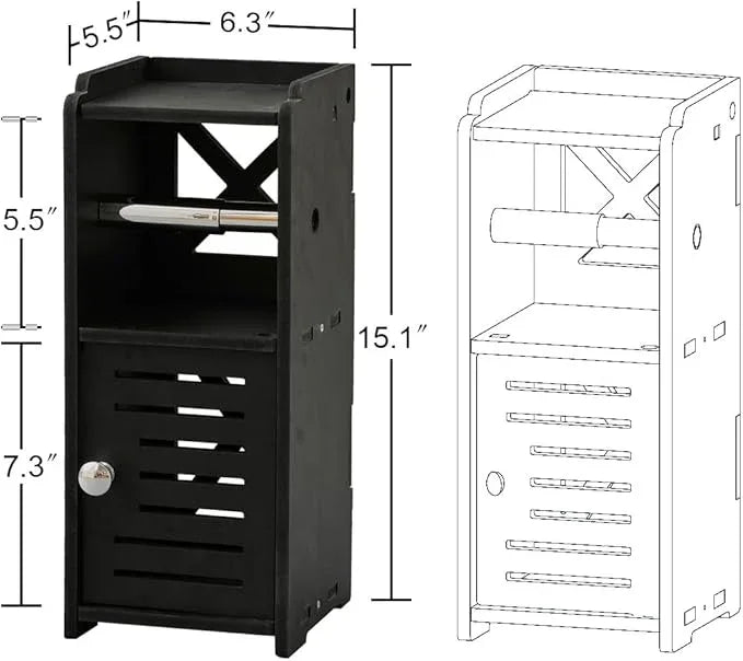 AOJEZOR Toilet Paper Holder Stand: PVC Freestanding Bathroom Cabinet Storage for Apartment Dwellers - Slim Bathroom Storage - Black - ModernBath