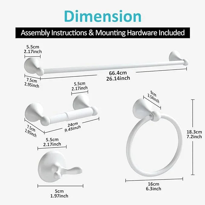 BGL Bathroom Accessories Set, White Paint Expandable Towel Bar 4-Piece Bathroom Accessory Set Wall Mounted Towel Ring Robe Hook Toilet Paper Holder Towel Holder - ModernBath