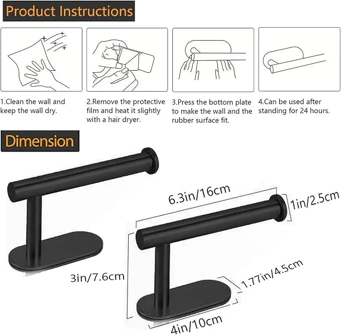 Toilet Paper Holder - Self Adhesive Toilet Paper Holder Wall Mount for Bathroom, SUS 304 Stainless Steel Command Strip Toilet Paper Roll Holder Stick On Wall, No Drilling - Matte Black（2 Pcs） - ModernBath