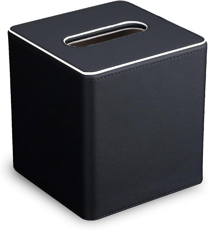 KINGFOM Leather Tissue Box Cover – Square Modern PU Leather Tissue Holder, Cube Tissue Dispenser for Home, Office, Bedroom, Bathroom – Elegant Minimalist Style (Black-Square) - ModernBath