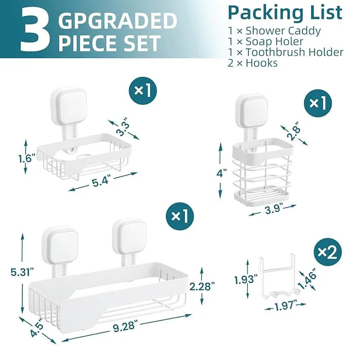TAILI Shower Caddy Suction Cup 3 Pack, Stainless Steel Rustproof Shelves with Soap Holder Set, Drill-Free Wall Mounted Basket, Heavy Duty Removable Bathroom Organizers & Home Decor, White - ModernBath