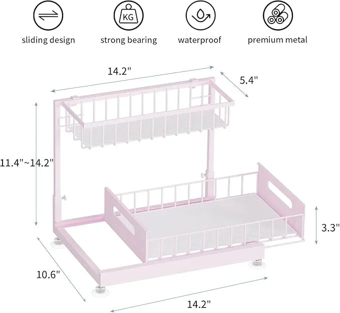 Under Sink Organizer Storage 2-Tier Premium Metal Pull-Out Racks, Height Adjustable, Heavy Dut and Easy Installation for Kitchen & Bathroom Organizers 1 Pack Pink - ModernBath