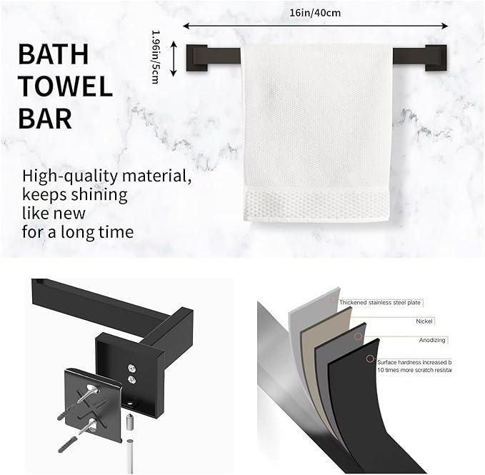 Bathroom Accessory Towel Bar Set: 5 Pieces Matte Black Bathroom Hardware Square SUS304 Stainless Steel - Wall Mounted Towel Rack&Toilet Paper Holder&Towel Ring and Robe Hooks. - ModernBath