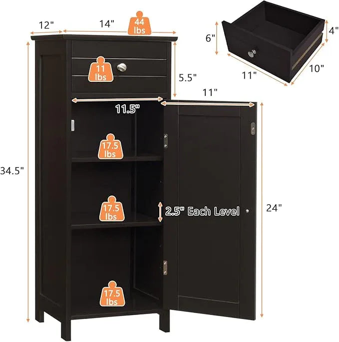 COSTWAY Bathroom Storage Cabinet, Single Door Floor Cabinet with Drawer and 3-Level Adjustable Shelves, Modern Side Storage Organizer with Anti-Tipping Device for Living Room, Bedroom (Brown) - ModernBath