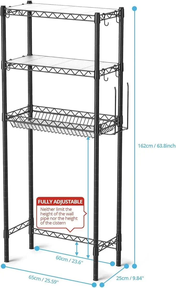 Hodonas Over The Toilet Storage Shelf, Adjustable Bathroom Organizer with Toilet Paper Holder & 8 Hooks, 3 Tier Sturdy Metal Space Saver for Bathroom/Kitchen, Easy Assembly Above Toilet Shelf, Black - ModernBath