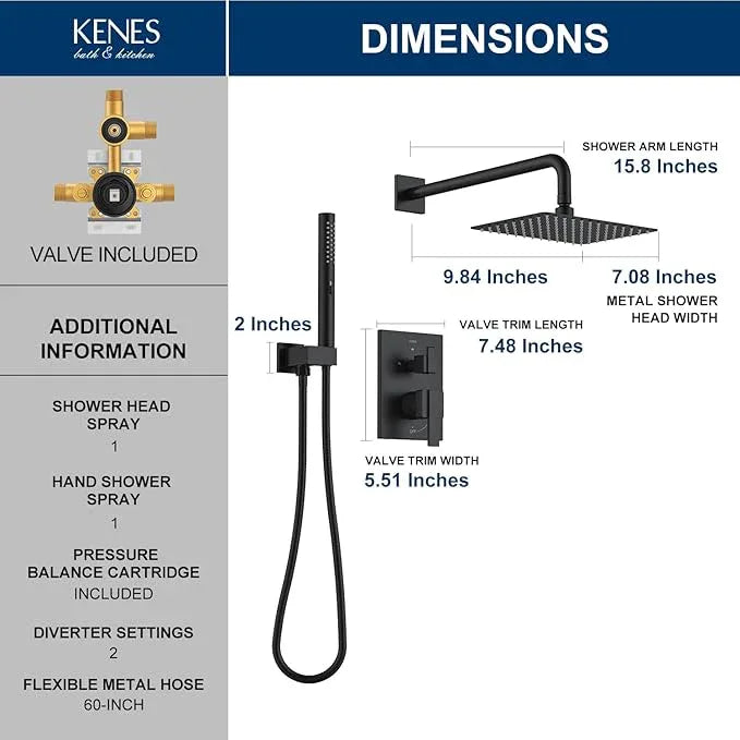 KENES Matte Black Rainfall Bathroom Shower System Rain Shower Head and Handle Set, Shower Faucet Set with 10-Inch Rain Showerhead and Handheld Spray, (Shower Valve Included), LJ-6026A-2 - ModernBath