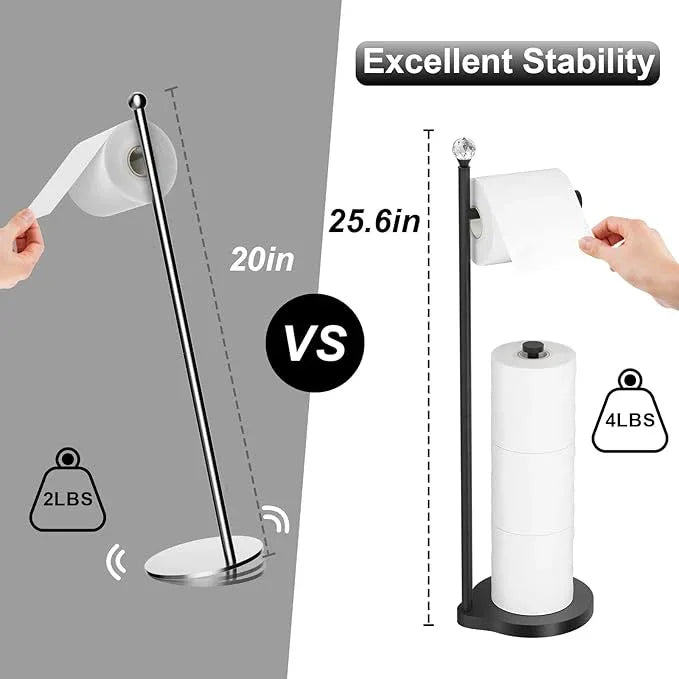 Toilet Paper Holder for Bathroom, Heavy Weighted Metal Free Standing Toilet Paper Storage with Crystal Ball, Toilet Paper Stand for Bathroom Accessories, Matte Black [Holds MEGA Rolls] - ModernBath