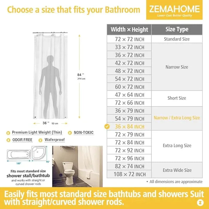 ZEMAHOME Narrow Long Clear Plastic Shower Curtain Liner, 36x84 Inch Thin Lightweight Transparent Plastic Bathroom Shower Showroom Inner Curtain with Rustproof Metal Grommet Holes and Weighted Magnets - ModernBath