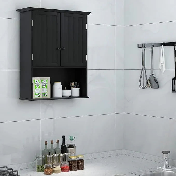 Tangkula Wall Mount Bathroom Cabinet Wooden Medicine Cabinet Storage Organizer with 2-Doors and 1-Shelf Cottage Collection Wall Cabinet (Black) - ModernBath