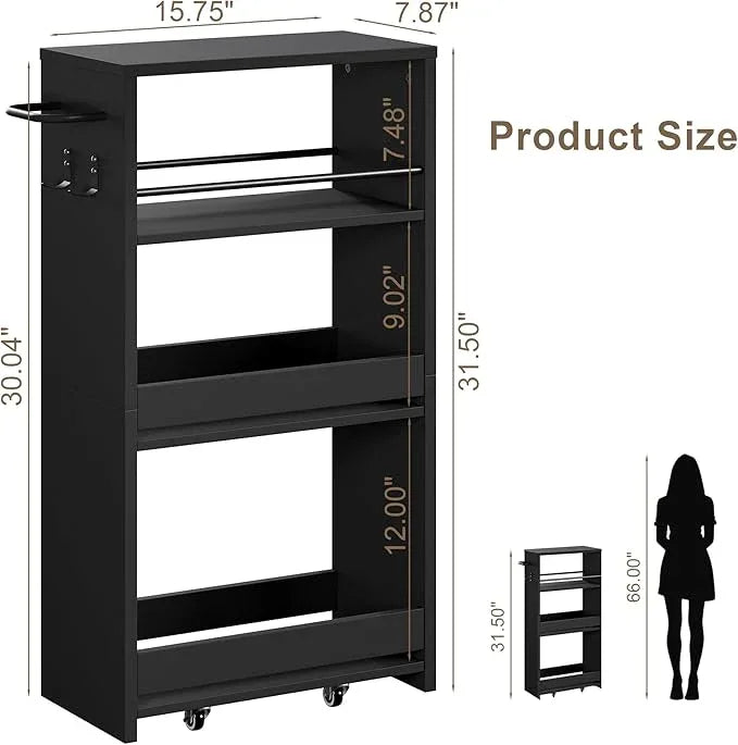 ChooChoo 4-Tier Slim Storage Cart with Handle, 7.87" W Rolling Utility Cart on Universal Wheels, Kitchen Cart Mobile Shelving Organization for Laundry Room, Bathroom & Narrow Places, Black - ModernBath