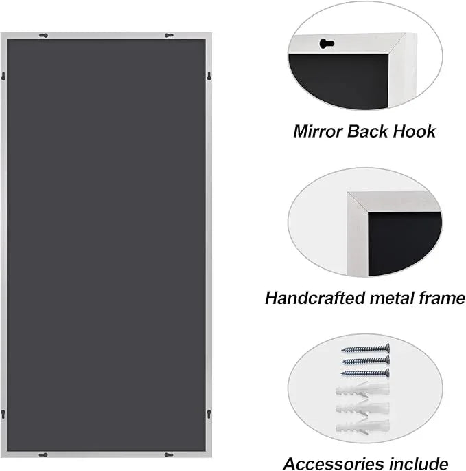 COFENY 48x24In Silver Bathroom Mirror for Wall, Brushed Nickel Rectangle Mirrors with Metal Frame, Bathroom Rectangular Mirror Modern Wall Mirror for Bedroom Living Room, Hangs Horizontal or Vertical - ModernBath