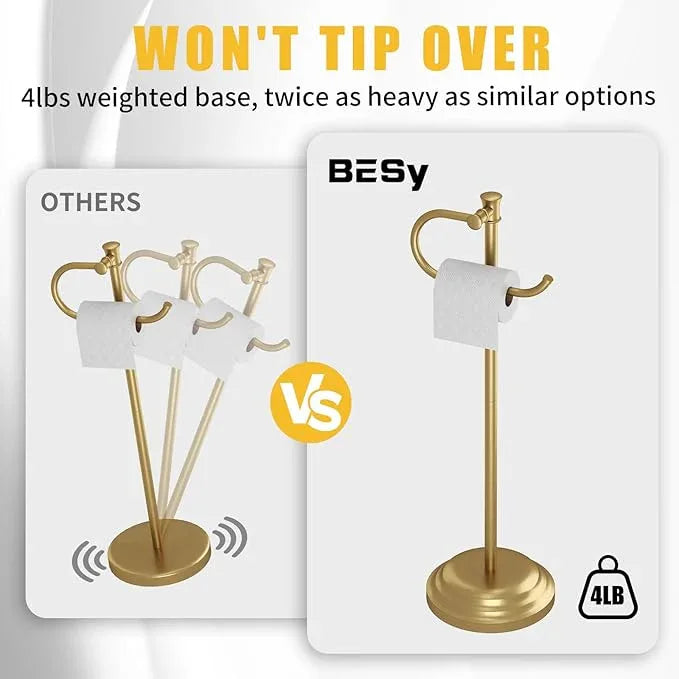 BESy Toilet Paper Holder Free Standing Bathroom Toilet Tissue Holder Stand for Floor Toilet Paper Roll Holder with Storage Hardware Accessories Rack Hand Towel Bar Brushed Gold Stainless Steel - ModernBath
