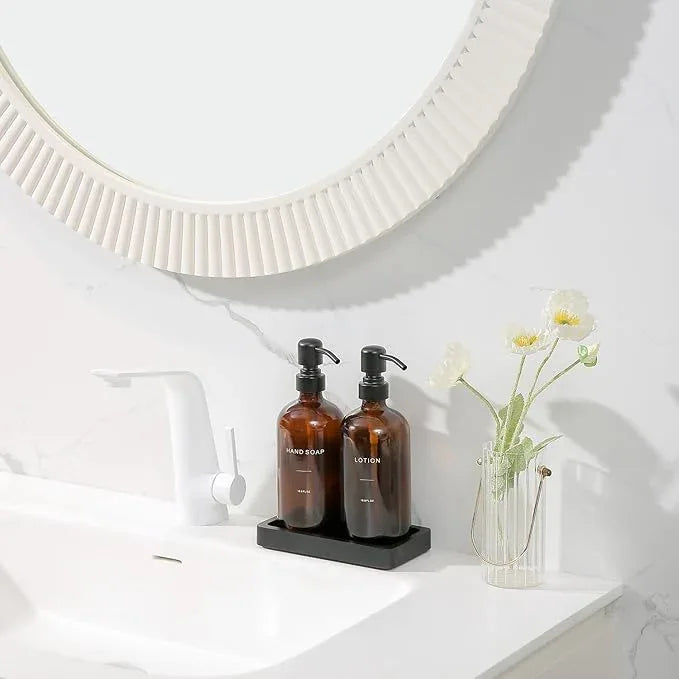 Prus Waso Amber Glass Soap Dispenser Set, Hand Soap and Lotion Set with Black Stainless Steel Pump, Perfect for Modern Bathroom Decor. (Amber) - ModernBath
