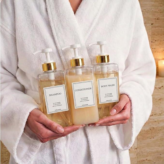 Modern Gold Design Shampoo and Conditioner Dispenser, Large 27oz Shower Soap Dispenser, Set of 3 Refillable Empty Plastic Pump Bottles for Bathroom, 6 Waterproof Labels Included, (Clear & White) - ModernBath