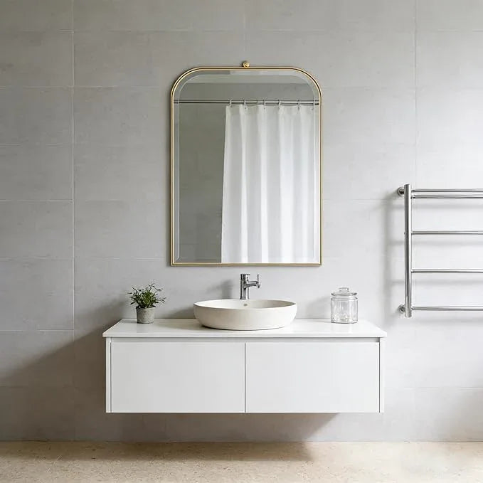 POZINO Brushed Gold Beveled Mirror, 20"x30" Arched Mirror for Over Sink, Rounded Rectangle Mirrors with Stainless Steel Frame, Brass Vanity Wall Mirrors for Bathroom Bedroom Living Room Entryway - ModernBath