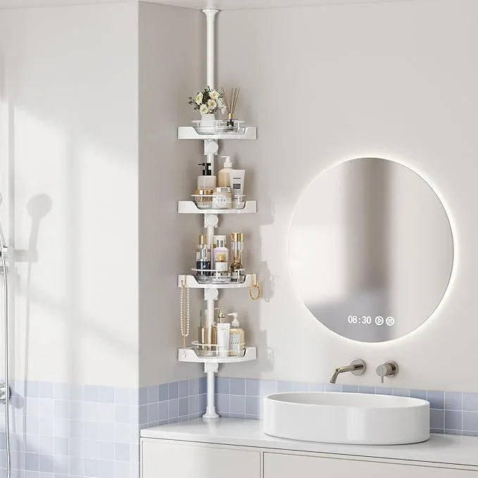 akinbas Shower Caddy Tension Pole with 4 L-Lazy Susan Organizer 360 Rotating 35-128 Inch No Drilling Floor Standing Shelves Adjustable Shower Rack for Bathroom Corner (White) - ModernBath