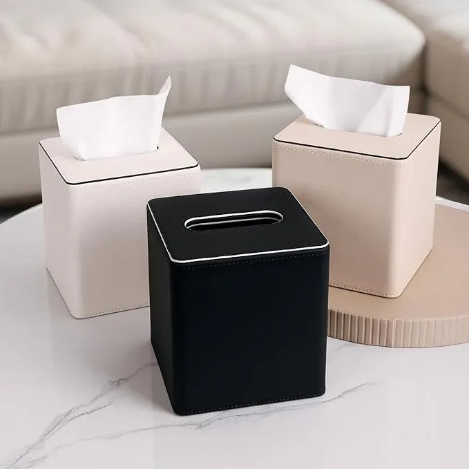 KINGFOM Leather Tissue Box Cover – Square Modern PU Leather Tissue Holder, Cube Tissue Dispenser for Home, Office, Bedroom, Bathroom – Elegant Minimalist Style (Black-Square) - ModernBath
