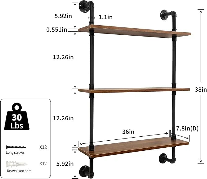 3-Tier Industrial Pipe Floating Shelf – Rustic 36 inch Wood Wall-Mounted Storage Shelf for Kitchen Office,Bathroom & Home Decor -Walnut - ModernBath