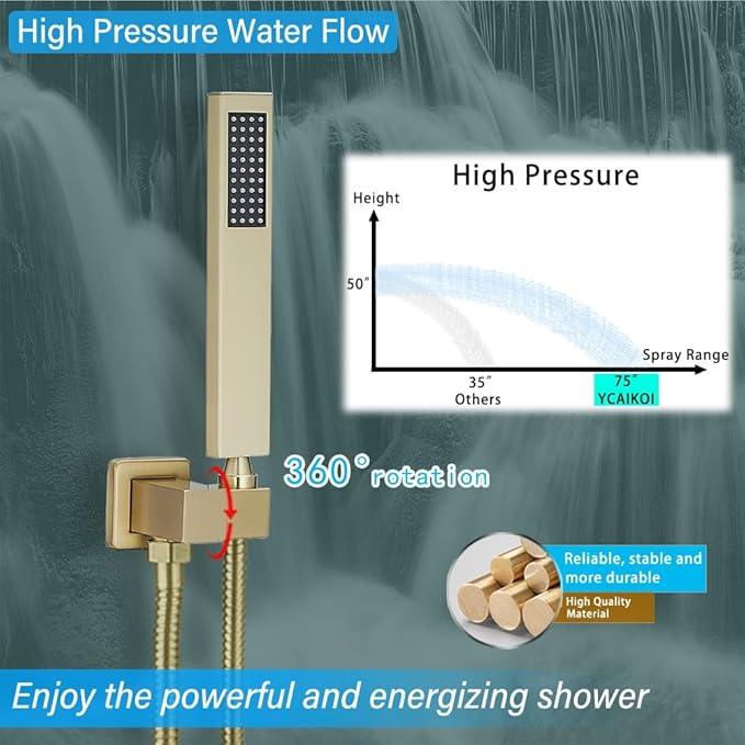 YCAIKOI Shower Faucet Set Complete, Wall Mount Shower System for Bathroom 12 Inch High-Pressure Rainfall Shower with Handheld, Rough-in Valve Body and Trim Kit, Brushed Gold - ModernBath