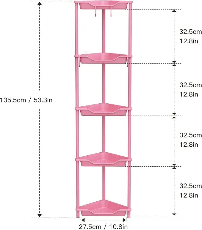 Orimade Rustproof 5 Tier Floor Standing Corner Shower Caddy Organizer, Plastic Metal Splicing Floor Corner Shelf Rack Stands for Bathroom, Pink - ModernBath