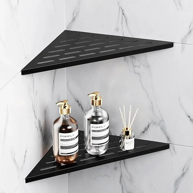POPFLY 10 Inch Corner Shower Shelf 2 Pack, 304 Stainless Steel Matte Black, No Drilling Recessed Bathroom Shelves for Tiled Wall, Heavy Duty Floating Shower Organizer with Slot Design, PF7501B - ModernBath