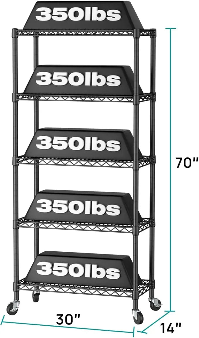 SINGAYE 5 Shelf Adjustable Heavy Duty Storage Shelving Unit with Wheels Steel Organizer Wire Rack Shelves Bathroom Organizers and Shelf Wire Closet Metal Pantry Kitchen Garage 14" DX30 WX70 H Black - ModernBath