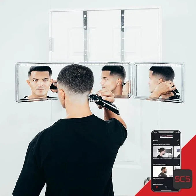 Self-Cut System LED 3 Way Mirror for Self Hair Cutting, Trifold Barber Mirror with Height Adjustable Hooks, 360 View, Includes Free Educational Mobile App (Heaven Lights) - ModernBath
