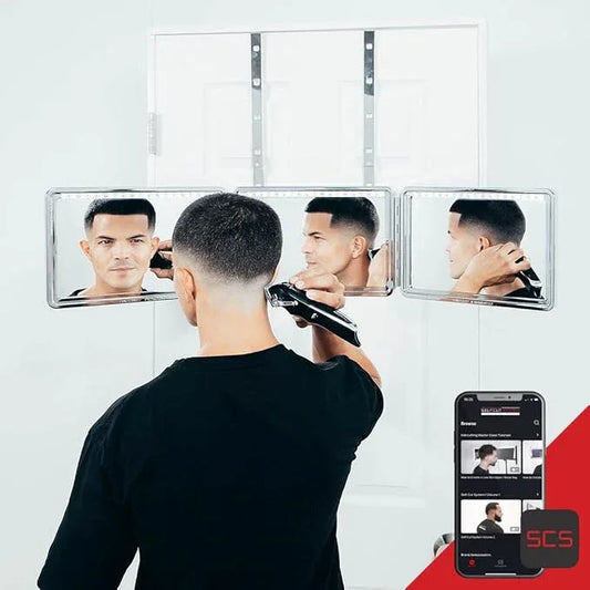 Self-Cut System LED 3 Way Mirror for Self Hair Cutting, Trifold Barber Mirror with Height Adjustable Hooks, 360 View, Includes Free Educational Mobile App (Heaven Lights) - ModernBath
