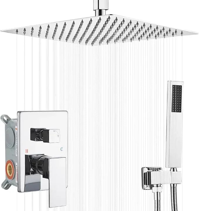 JingGang 12 Inch Ceiling Mount ‎Polished Chrome Shower System Bathroom Luxury Rain Mixer Shower Combo Set Ceiling Rainfall Shower Head System (Contain Shower Faucet Rough-in Valve Body and Trim Kit) - ModernBath