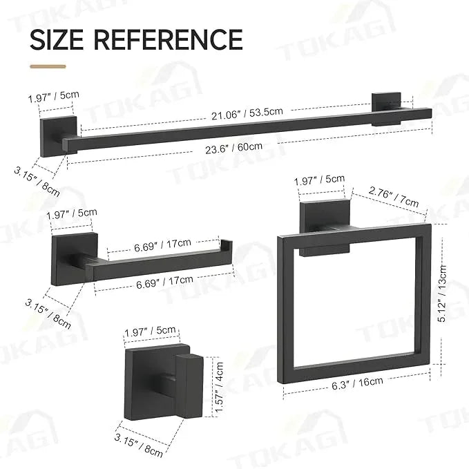 TQKAG Matte Black Bathroom Hardware Accessories Set 10 Pieces, 23.6" SUS304 Stainless Steel Towel Bar Set Wall Mounted Includes Single Towel Bar, Towel Ring, Toilet Paper Holder, Double Towel Hooks - ModernBath