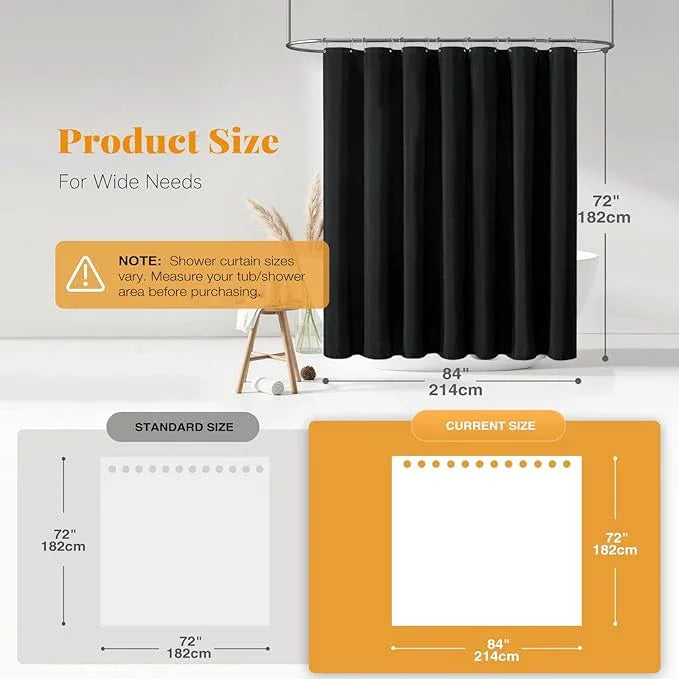 BTTN 84 Inch Wide Shower Curtain - W84xH72 Linen Textured Heavy Duty Fabric Cloth Shower Curtain Set with 14 Plastic Hooks, Large Hotel Simple Waterproof Polyester Bath Curtains for Bathroom - Black - ModernBath