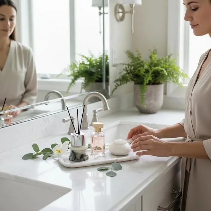 Marmor 100% Natural Marble Bathroom Tray for Perfume, Candles, Jewelry Stone Vanity, Bathroom & Kitchen Counter Organizer and Home Decor (Small White Crystal Tray) - ModernBath