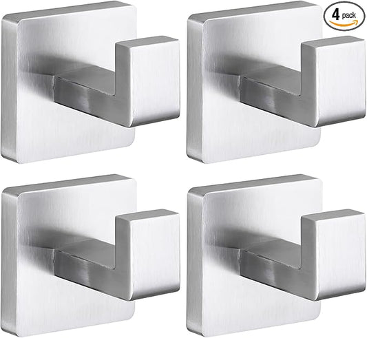 Fenas Towel Hooks for Bathrooms Robe Hook Coat Hook 4 Pack Brushed Nickel Stainless Steel Heavy Duty Wall Mounted Square Hooks for Bathroom Kitchen Bedroom