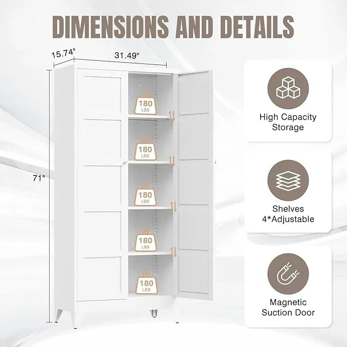 Yizosh Metal Storage Cabinet with 2 Doors and 4 Adjustable Shelves,- 71" White Kitchen Pantry Storage Cabinet for Kitchen,Dining Room,Living Room - ModernBath