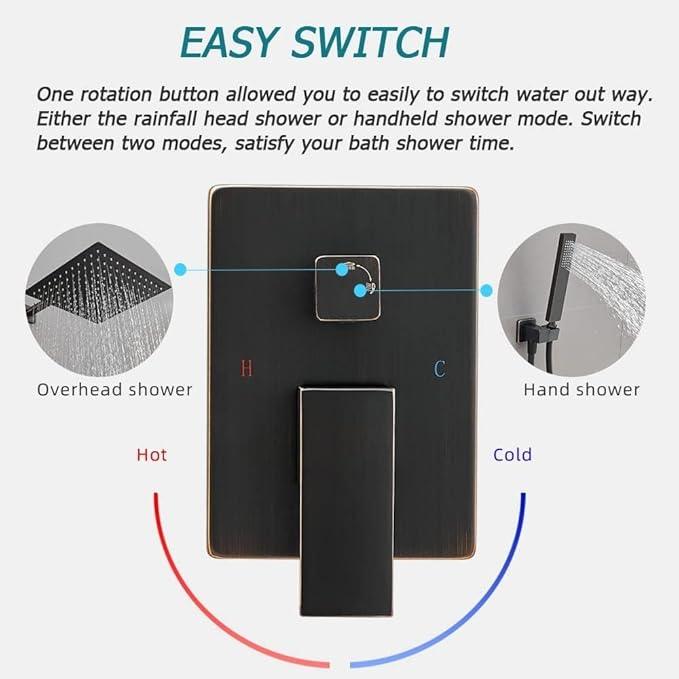 Heable Oil Rubbed Bronze Shower System 12 Inches Bathroom Luxury Rain Shower Head with Handheld Combo Set Wall Mounted High Pressure Rainfall Shower Head System Shower Faucet with Valve and Trim Kit - ModernBath