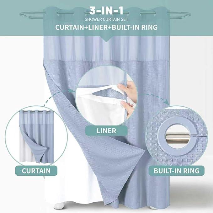 eachope Blue No Hook Waffle Weave Shower Curtain with snap-in Liner Replacement, 230GSM Waterproof Fabric Hotel Shower Curtain Set for Bathroom, Through Mesh Top Window,60Wx74H - ModernBath