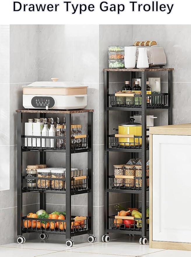 Metal Wire Baskets with Wheels, Stackable Storage Bins Kitchen Organizer Shelf, Multi Layer Fruit Vegetable Cart Dishes Seasonal Rack Freestanding with Pull Out Slide Drawer - ModernBath