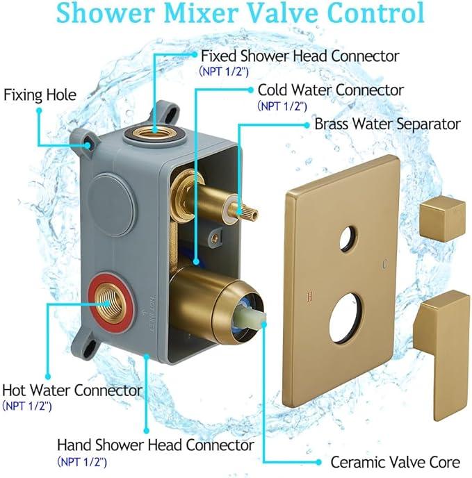 annazom Rain Shower System 12 Inch Ultra Large Shower Head High Pressure Brushed Gold Surface Dual Function Shower Vavle Trim Kit - ModernBath