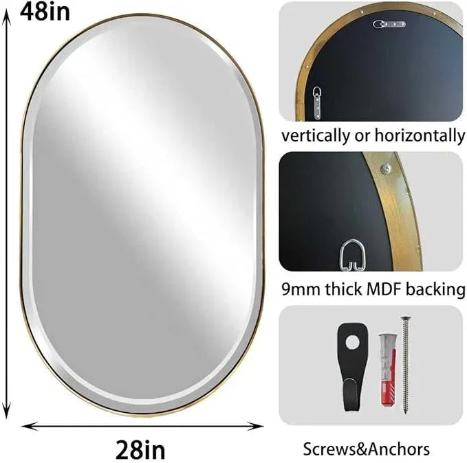 POZINO Gold Oval Mirror, Brass Beveled Mirror with Stainless Steel Frame, 28"x48" Large Rounded Rectangle Mirrors for Over Sink, Modern Oblong Vanity Wall Mirrors for Bathroom Bedroom Living Room - ModernBath