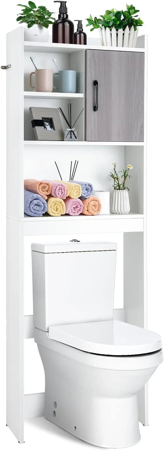 Giantex Over The Toilet Storage Cabinet, 4-Tier Freestanding Space Saver Above Toilet with Open Shelves & Door, Over Toilet Bathroom Organizer for Restroom, Laundry Room, White - ModernBath