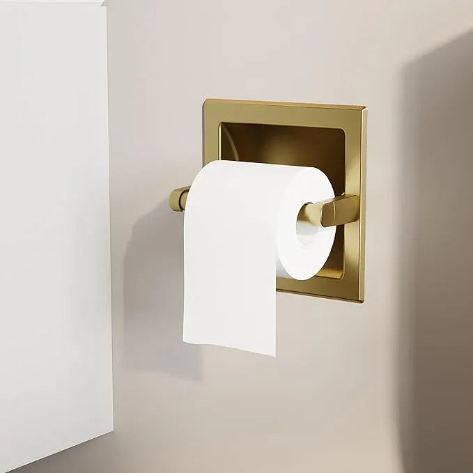 Recessed Gold Toilet Paper Holder, in Wall Toilet Paper Holder Pivoting, Gold Wall Mount Toilet Paper Roll Holder, Bathroom Brushed Brass Stainless Steel Tissue Holder - ModernBath