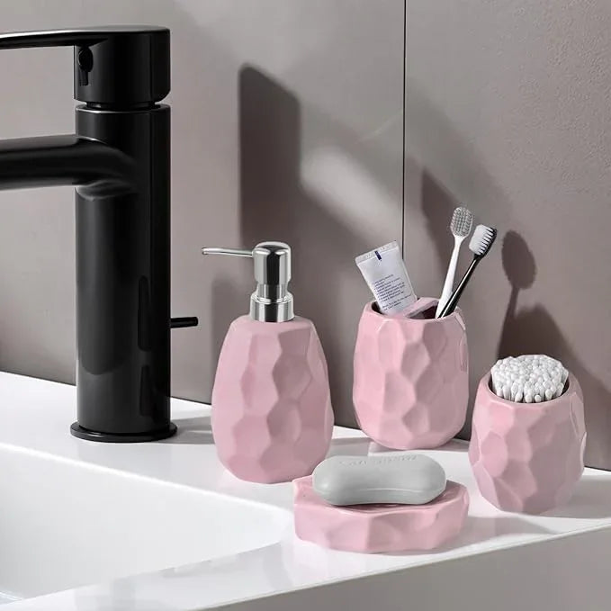 Ceramic Bathroom Accessories Set 4 PCS,Bathroom Toothbrush Holder Set,Soap and Toothbrush Holder Set,Include Toothbrush Holder,Soap Dispenser,Tumbler,Soap Dish,Bathroom Sets Decor Organizer (Pink) - ModernBath