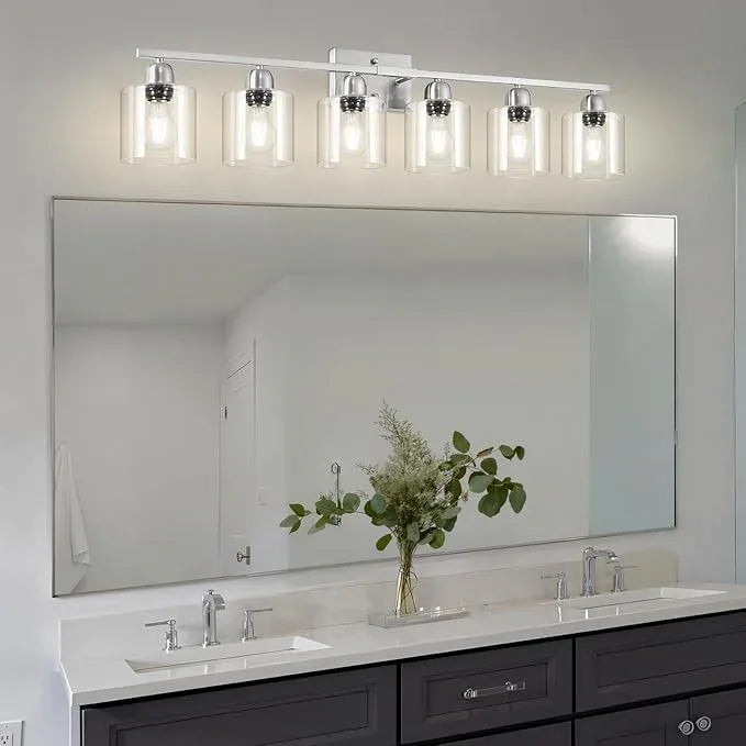 FAISHILAN Modern Brushed Nickel 6 Light Bathroom Light Fixtures,38 inch Vanity Lights for Bathroom with Clear Glass, Vanity Light for Mirror Kitchen Living Room Hallway Cabinet Porch - ModernBath