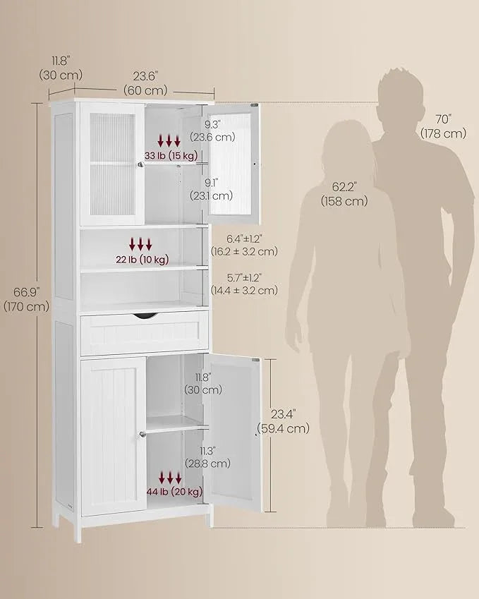 VASAGLE Storage Cabinet, Freestanding Storage Unit with Adjustable Shelves, Drawer, Open Compartments, for Bathroom, Living Room, Kitchen, Cloud White UBBC768WH01S - ModernBath