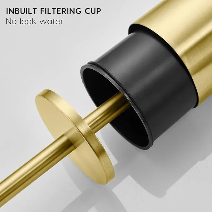Gold Brushed Stainless Steel Toilet Brush and Cover, No-Punch Hook Base Dual Purpose Toilet Brush Holder with Removable Inner Bucket and Splash Cover - Soft Bristles (Brushed Gold) - ModernBath