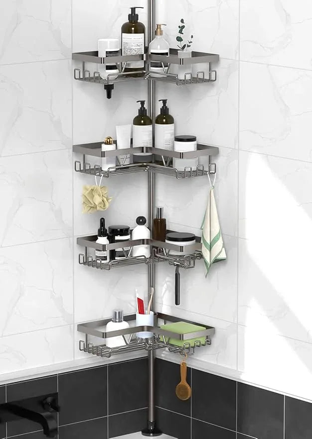 KEGII Corner Shower Caddy Tension Pole with Soap Dish & Razor Holder, Adjustable Bathroom Organizer with Hooks, 25-114.2 Inch Rustproof Storage Shelf for Renters & Apartments, Gunmetal Gray - ModernBath