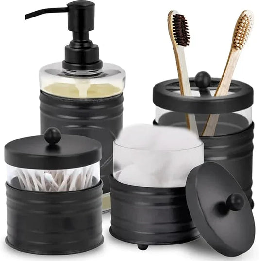 Autumn Alley Farmhouse Matte Black Bathroom Accessories Set (4 PCS) - Lotion Soap Dispenser, Black Toothbrush Holder Set, 2 Glass Apothecary Jars (Qtip Holder) - Rustic Bathroom Accessories Set - ModernBath