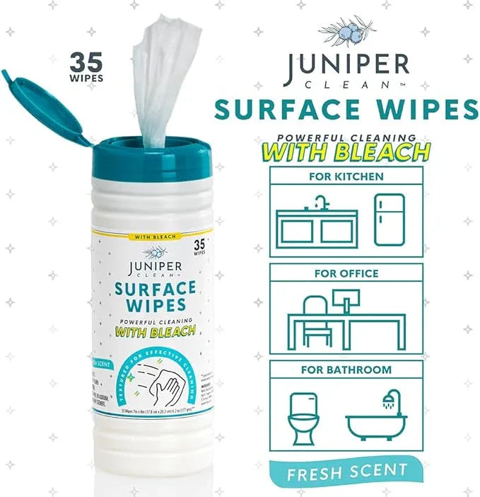 Juniper CLEAN 1 Pack Surface Cleaning Wipes with Bleach, All-Purpose Cleaner for Bathroom, Kitchen, Office, 35 Count Canister, 7.5" x 7" Sheet, Fresh Scent, Lint Free & Durable - ModernBath
