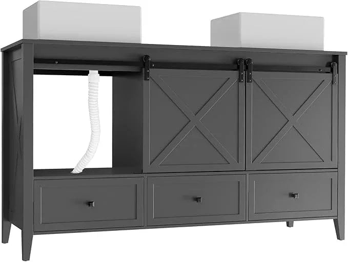 VNN Bathroom Vanity with Sink - 60 Inch Bathroom Vanity Double Sink Ceramic, Freestanding Cabinet with 2 Farmhouse Sliding Barn Doors and 5 Drawers, Space-Saving Storage Cabinet, Grey - ModernBath