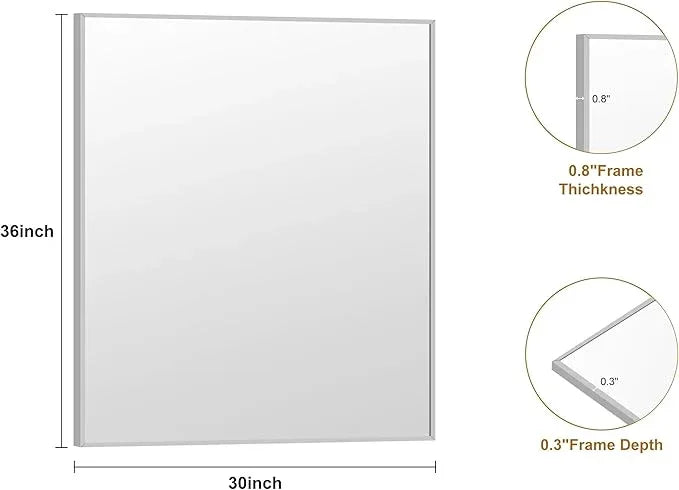 KOCUUY Silver Framed Mirror, 30"x36" Rectangle Bathroom Mirror for Wall, HD Tempered Glass, Anti-Rust Frame, Modern Design for Bathroom, Bedroom, Living Room, Entryway - ModernBath